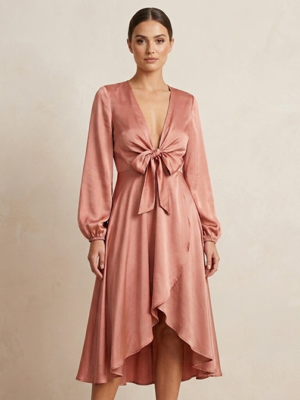Maximum Satinated Dress SHEIKE Size 6 Pink Old Long Sleeve With Elegant Knot